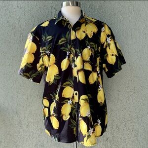 Hisdern Black Lemon Print Hawaiian Shirt Size XL Short Sleeve Quick Dry Beach
